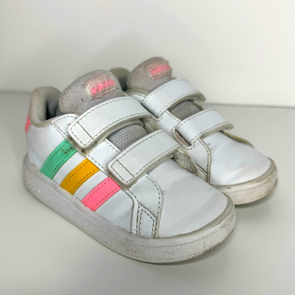 Adidas Grand Court 2.0 White Pink Green Yellow CF HP8917 Kids Shoes Size 6K #2WD